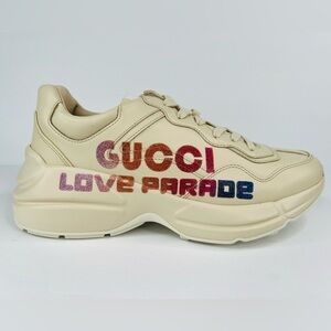 GUCCI Rhyton Love Parade Ivory Leather Glitter Heart Logo Sneakers Size EU 40.5